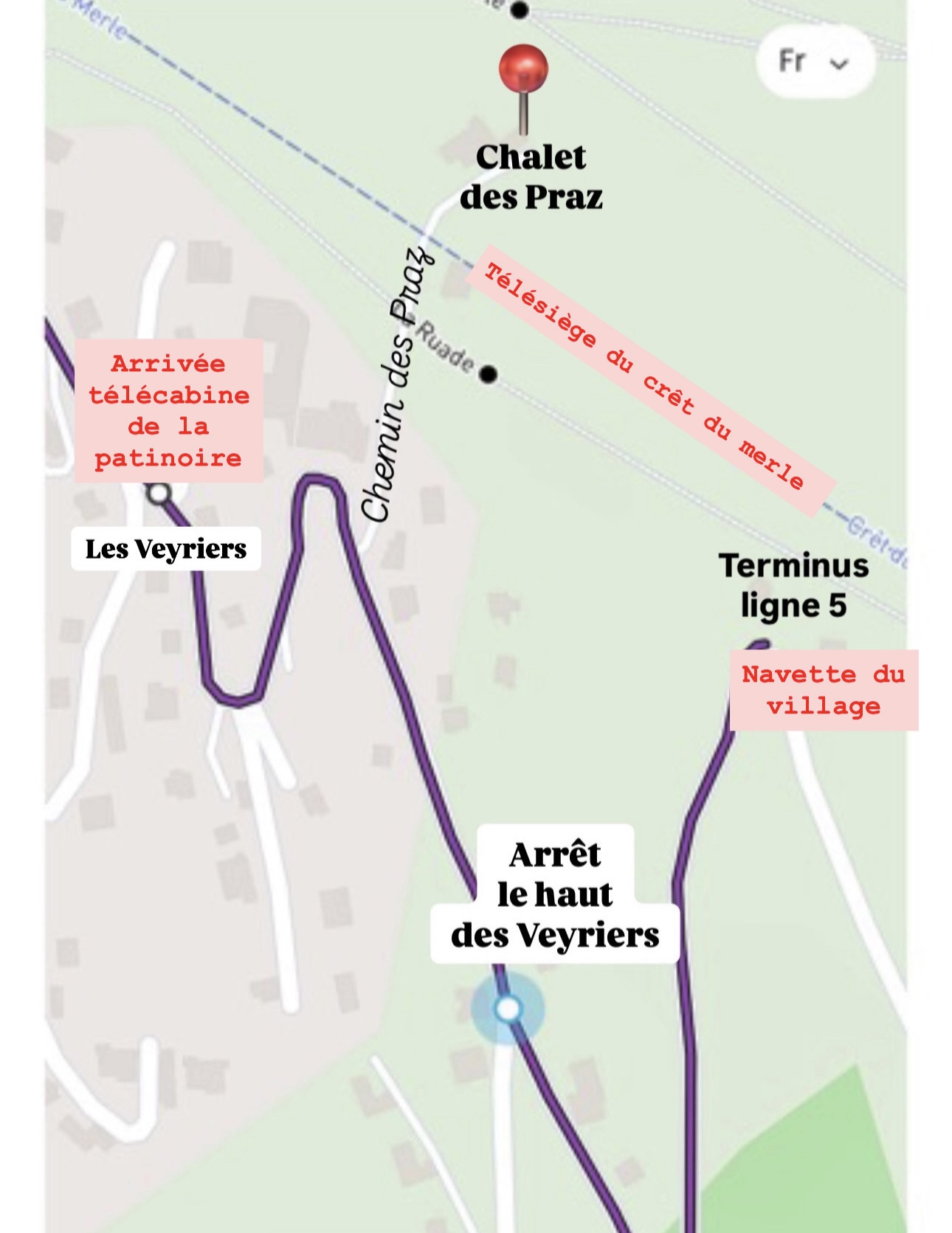Carte indiquant l’emplacement du Chalet des Praz à La Clusaz